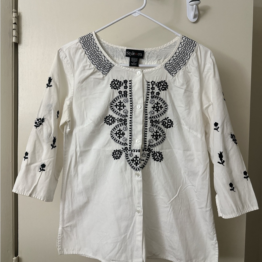 Style & Co. White Blouse with Black Embroidery